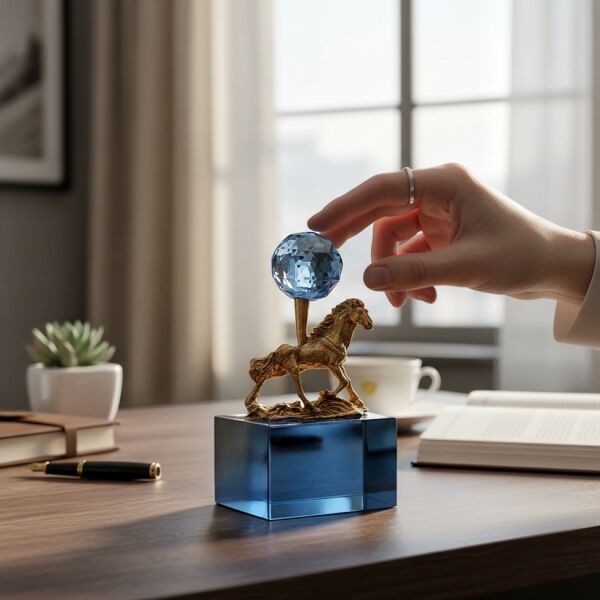 Pulcher Mavi Renkli İsli Eskitme Kristal Cam Kaideli Minik At Biblo Antik Tasarım Dekoratif Obje