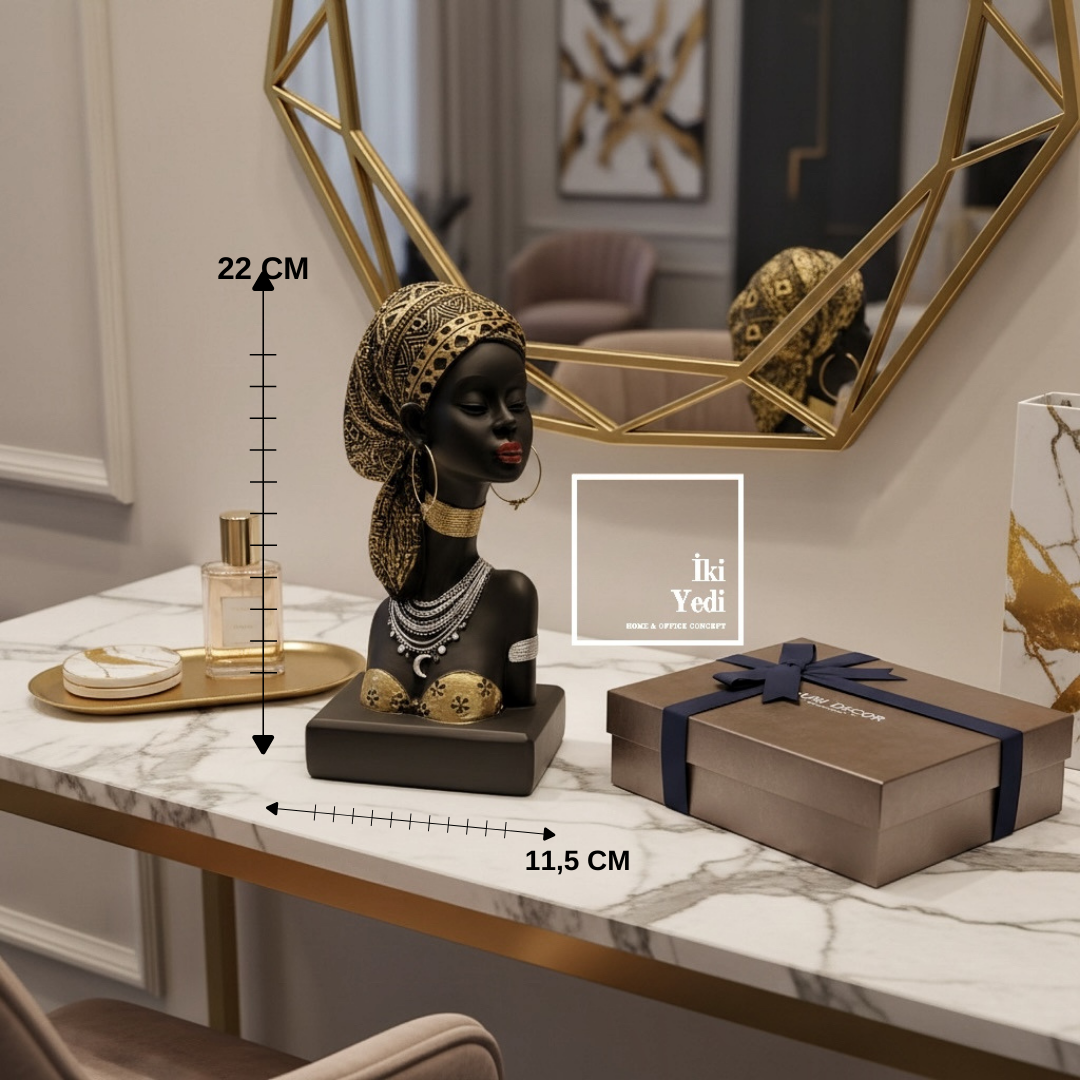 Ribera 773 Afrikalı Kadın Büstü Siyah Gold Detaylı Dekoratif Obje 22 cm Modern Salon Ofis Aksesuarı