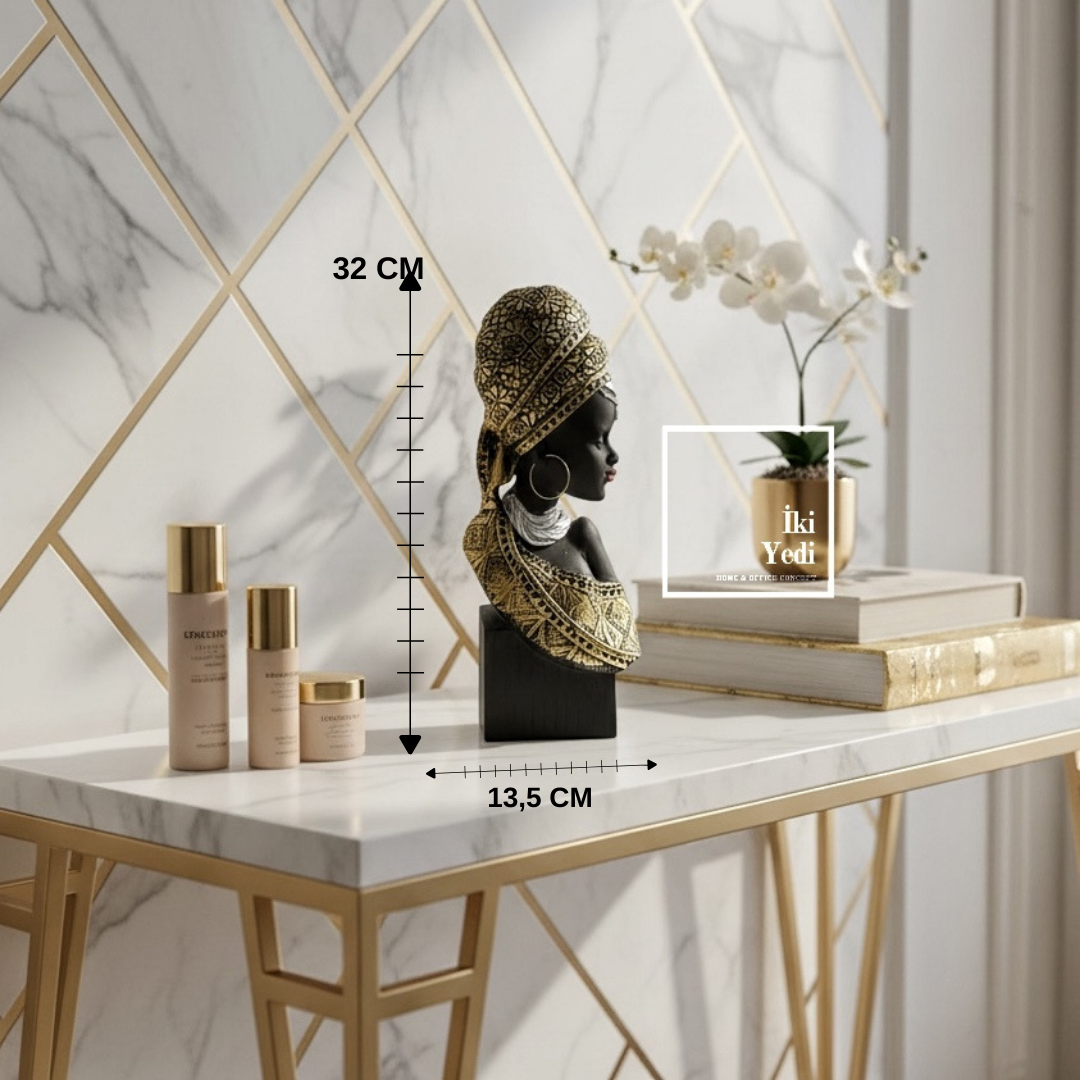 Ribera 772 Afrikalı Kadın Büst Biblo 32 cm | Siyah Altın Detaylı Modern Salon Konsol Dekoru Hediye