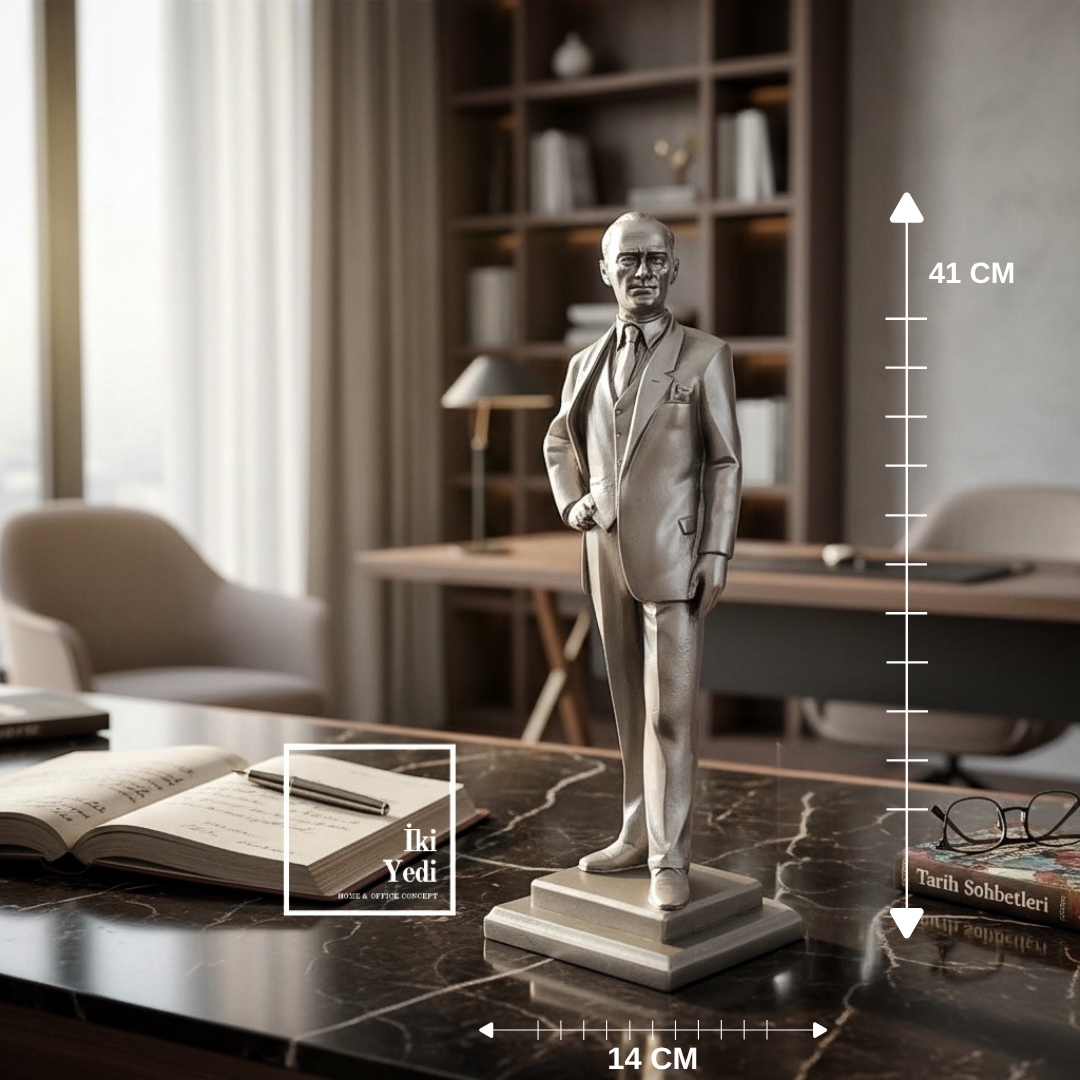 Cumhuriyetin Şık Duruşu – 41 cm Gümüş Gri Mustafa Kemal Atatürk Heykeli Ofis Hediyesi Biblo Obje