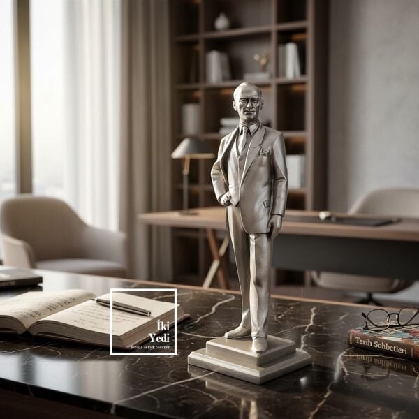 Cumhuriyetin Şık Duruşu – 41 cm Gümüş Gri Mustafa Kemal Atatürk Heykeli Ofis Hediyesi Biblo Obje