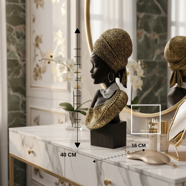 Ribera 771 Afrikalı Kadın Büst Biblo 40 cm, Gold Detaylı Siyah Dekoratif Heykel Ofis Hediyesi Ev İŞ