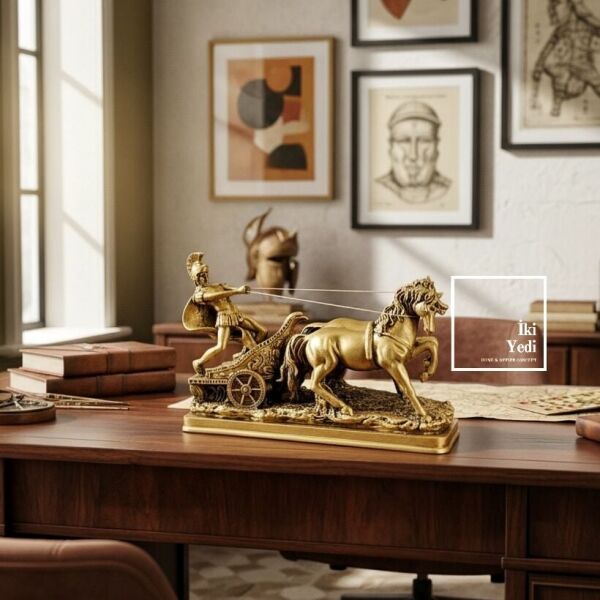 Hermance Antik Savaş Arabası Atlı Heykel, Bronz Renk Dekoratif Obje, Ofis Ev Aksesuarı Hediye Roma