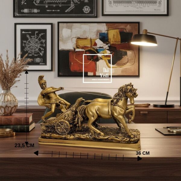 Hermance Antik Savaş Arabası Atlı Heykel, Bronz Renk Dekoratif Obje, Ofis Ev Aksesuarı Hediye Roma