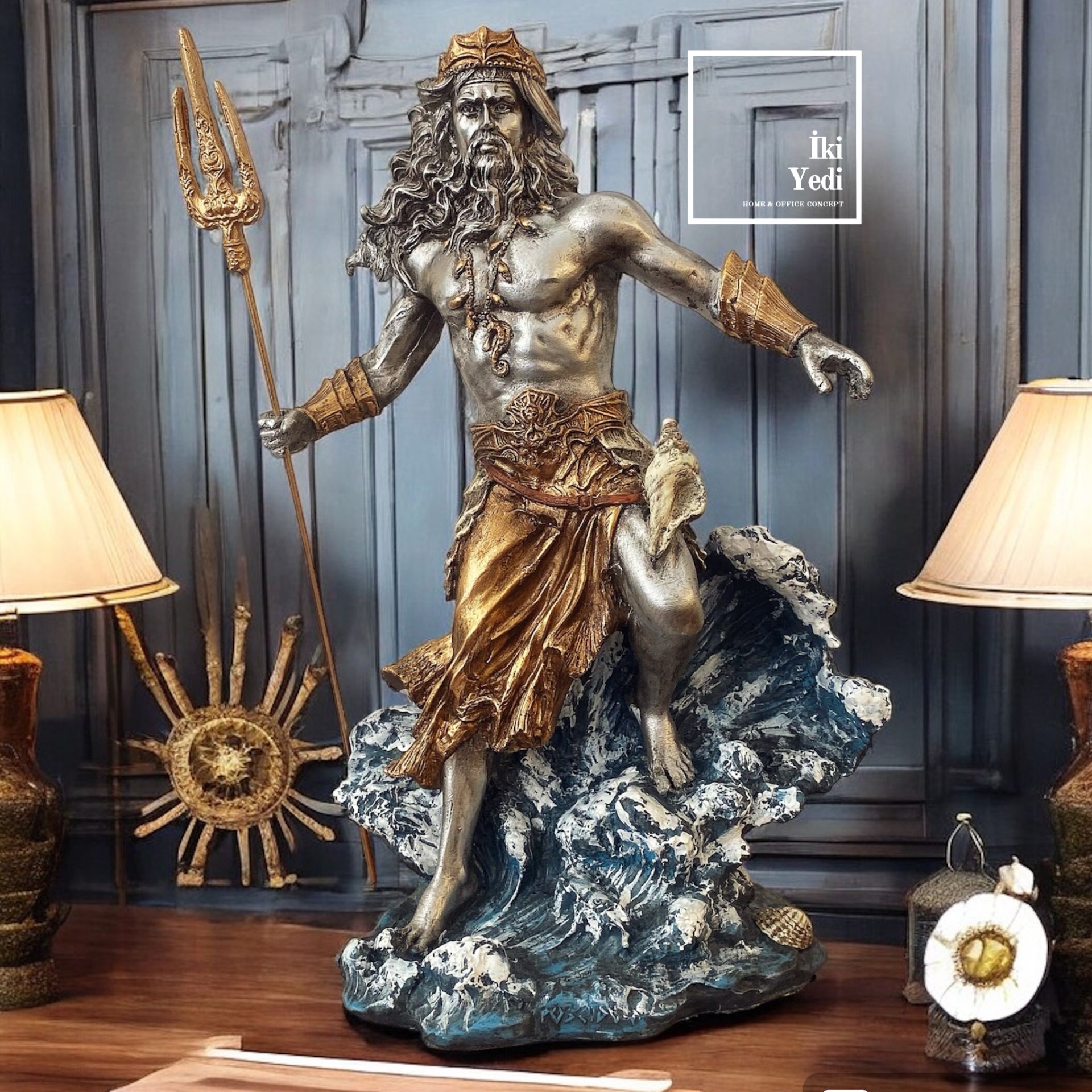 Trident Asalı Poseidon Heykeli 45 cm Denizcilik Temalı Antik Yunan Mitolojisi Büyük Biblo Heykel Figür Dekoratif Obje Hediyelik