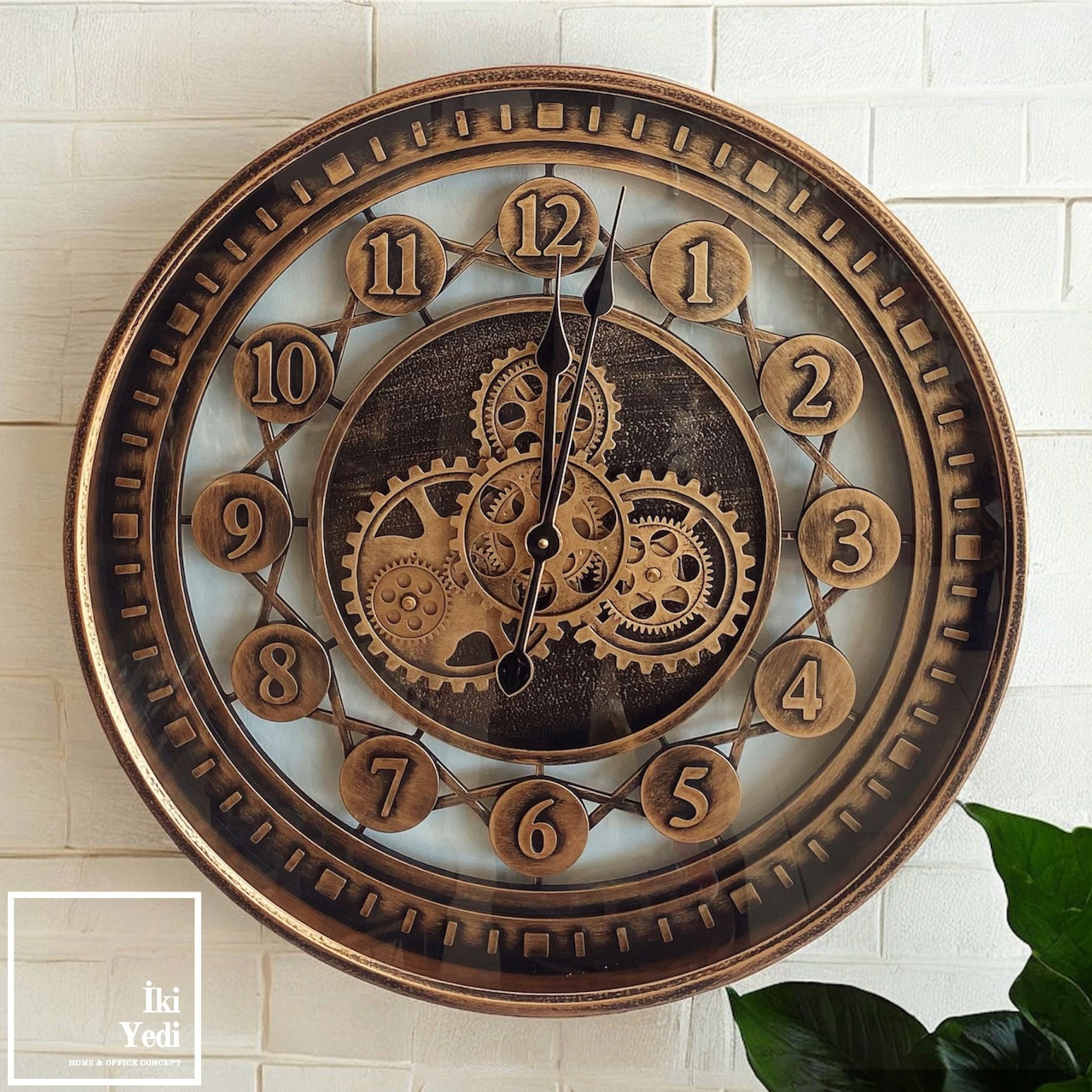 Omerta 60 cm Döner Çarklı Metal Duvar Saati, Mekanik Bakır Bronz Saat, Lüks Ev Ofis Hediyesi