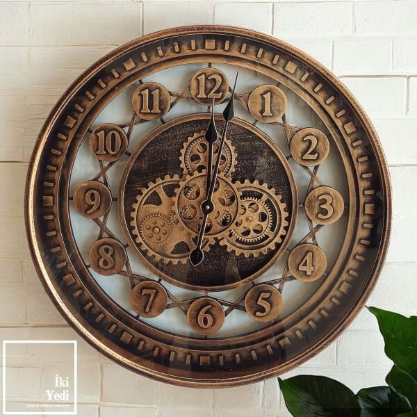 Omerta 60 cm Döner Çarklı Metal Duvar Saati, Mekanik Bakır Bronz Saat, Lüks Ev Ofis Hediyesi