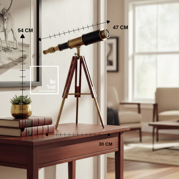 Mallorca Ahşap Tripod Ayaklı Retro Pirinç Teleskop Antik Dekoratif Obje Ofis ve Ev Aksesuarı Hediye