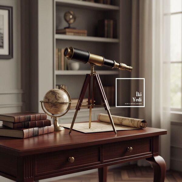Mallorca Ahşap Tripod Ayaklı Retro Pirinç Teleskop Antik Dekoratif Obje Ofis ve Ev Aksesuarı Hediye