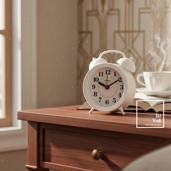 Vonmoss Beyaz Masa Saati Dekoratif Alarmlı Saat Çalar Saat Görünümlü Minimal Tasarım Ofis Aksesuarı