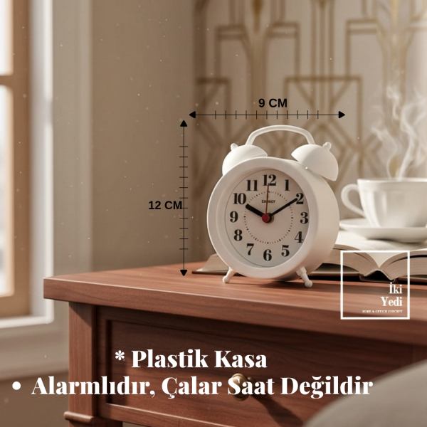 Vonmoss Beyaz Masa Saati Dekoratif Alarmlı Saat Çalar Saat Görünümlü Minimal Tasarım Ofis Aksesuarı