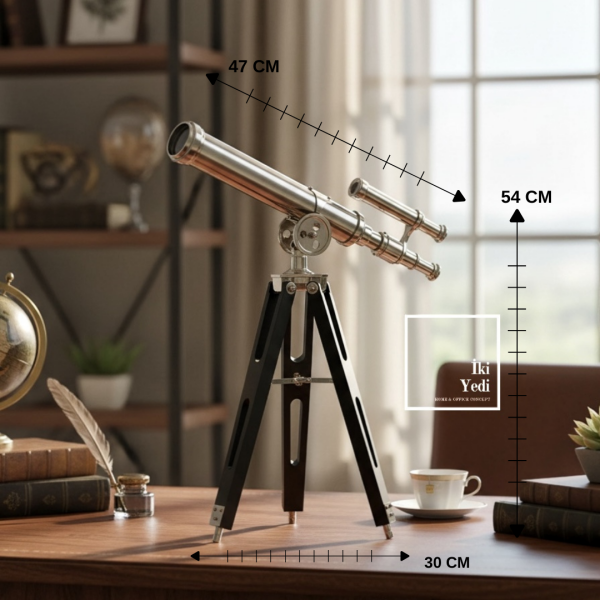 Brugge Ahşap Tripod Ayaklı Retro Krom Teleskop Antik Dekoratif Obje Ofis ve Ev Aksesuarı Hediye Şık