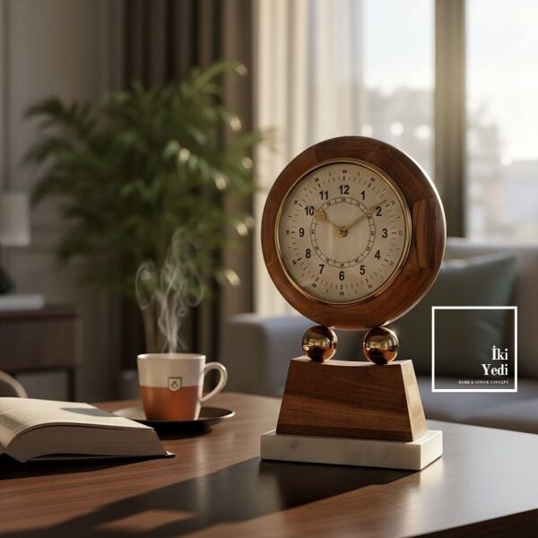 Gowanus Mermer Kaideli Masif Ahşap Gövdeli Masa Saati | Retro Şık Dekoratif Ofis ve Ev Saati Lüks