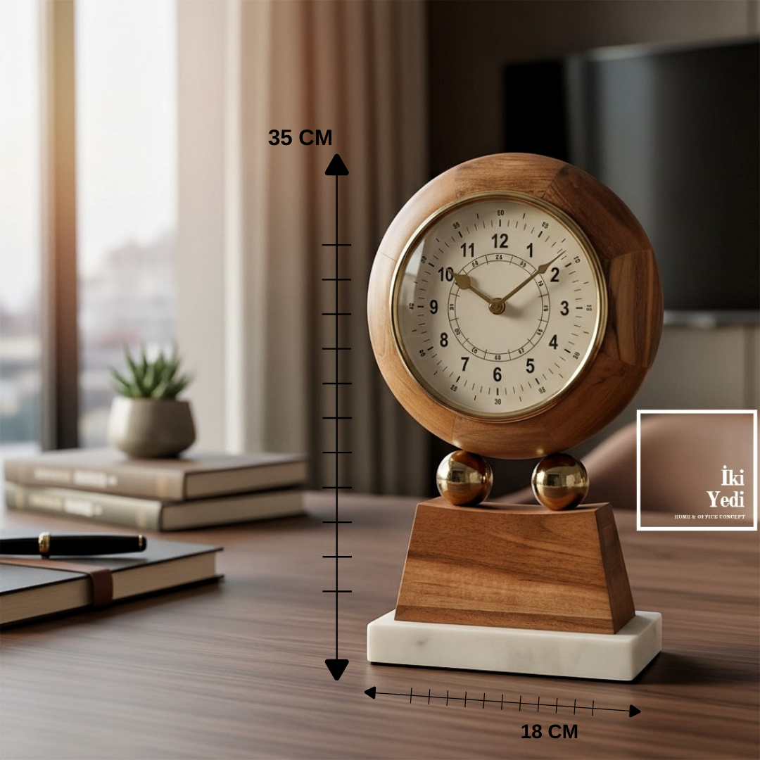 Gowanus Mermer Kaideli Masif Ahşap Gövdeli Masa Saati | Retro Şık Dekoratif Ofis ve Ev Saati Lüks