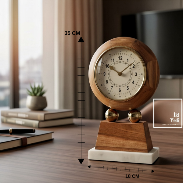 Gowanus Mermer Kaideli Masif Ahşap Gövdeli Masa Saati | Retro Şık Dekoratif Ofis ve Ev Saati Lüks