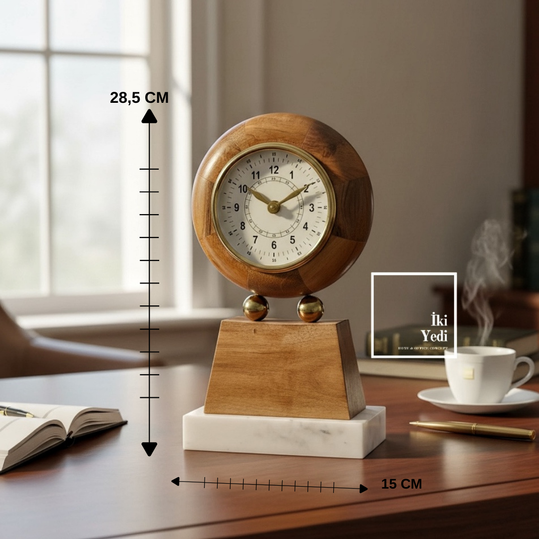 Gowanus Mermer Kaideli Masif Ahşap Masa Saati Şık Ofis ve Ev Dekoru Lüks İş Hediyesi Unutulmaz Gift