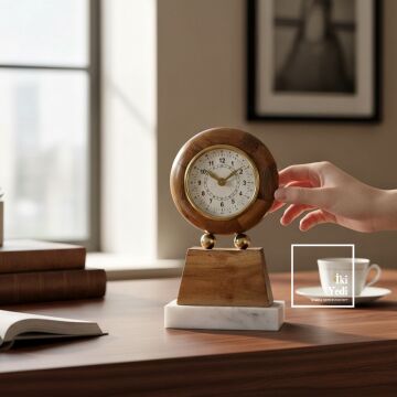 Gowanus Mermer Kaideli Masif Ahşap Masa Saati Şık Ofis ve Ev Dekoru Lüks İş Hediyesi Unutulmaz Gift