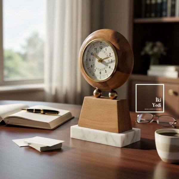 Gowanus Mermer Kaideli Masif Ahşap Masa Saati Şık Ofis ve Ev Dekoru Lüks İş Hediyesi Unutulmaz Gift