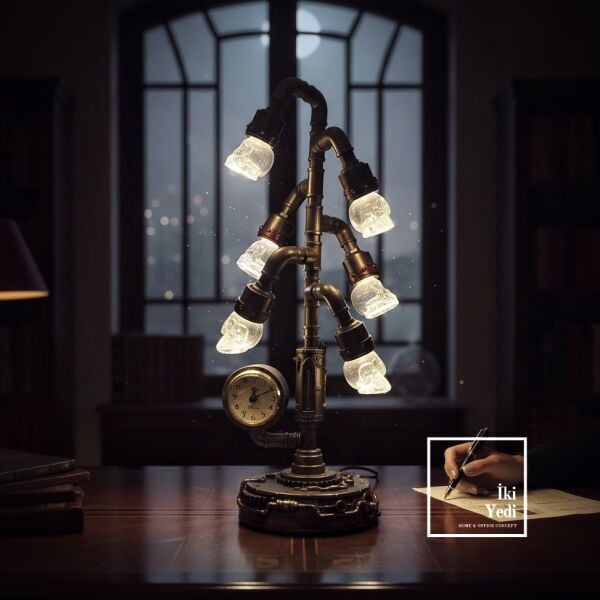 İngegno Mekanik Devrim Retro-Fütüristik 6 Başlıklı Cam Kafatası Tasarımlı Masa Saati Gece Lambası