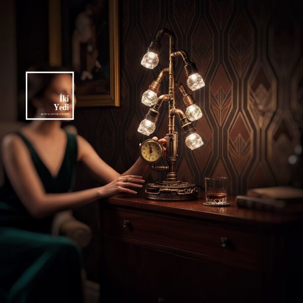 İngegno Mekanik Devrim Retro-Fütüristik 6 Başlıklı Cam Kafatası Tasarımlı Masa Saati Gece Lambası