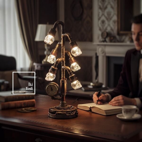 İngegno Mekanik Devrim Retro-Fütüristik 6 Başlıklı Cam Kafatası Tasarımlı Masa Saati Gece Lambası