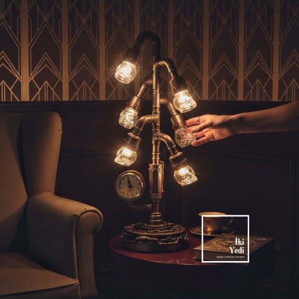 İngegno Mekanik Devrim Retro-Fütüristik 6 Başlıklı Cam Kafatası Tasarımlı Masa Saati Gece Lambası