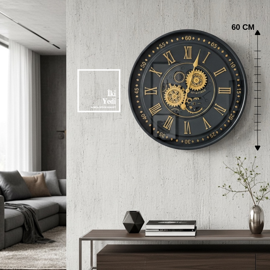 Hubert Füme Renk 60 cm Döner Çarklı Duvar Saati Metal Mekanizmalı Salon Ofis Duvar Dekoru Hediye