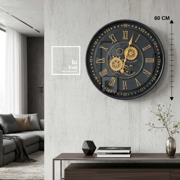 Hubert Füme Renk 60 cm Döner Çarklı Duvar Saati Metal Mekanizmalı Salon Ofis Duvar Dekoru Hediye