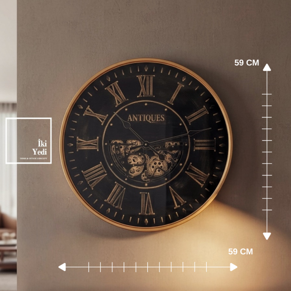 Odin Antiques Döner Çarklı Mekanizmalı Metal Duvar Saati 59 60 cm Romen Rakamlı Büyük Duvar Saati