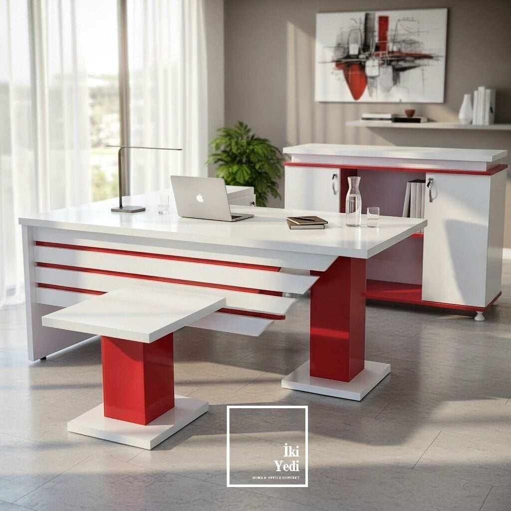 Hausser Kırmızı Beyaz Ofis Mobilya Takımı Modern Yönetici Masası Büro Masa Seti Spor Mobilya Grubu