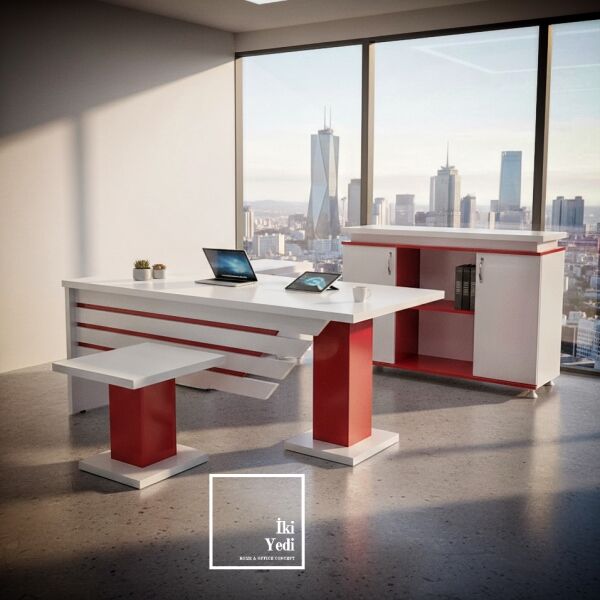 Hausser Kırmızı Beyaz Ofis Mobilya Takımı Modern Yönetici Masası Büro Masa Seti Spor Mobilya Grubu