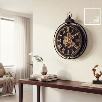 Theranos Döner Çarklı Mekanizmalı Metal Duvar Saati 66 x 52 cm Roma Rakamlı Büyük Siyah Duvar Saati