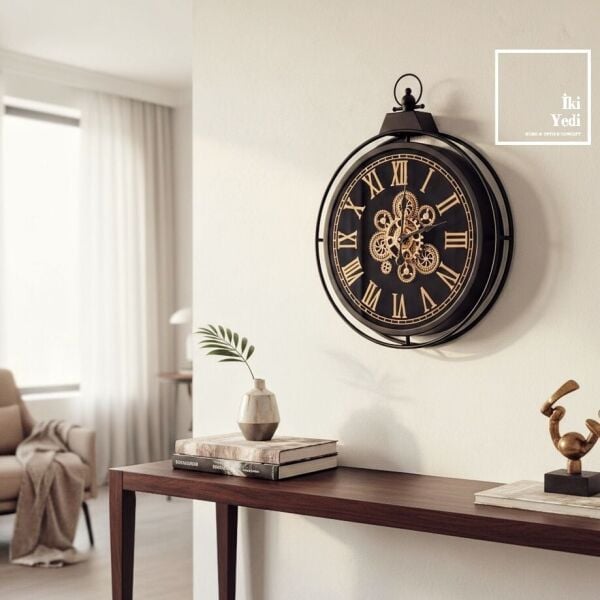 Theranos Döner Çarklı Mekanizmalı Metal Duvar Saati 66 x 52 cm Roma Rakamlı Büyük Siyah Duvar Saati