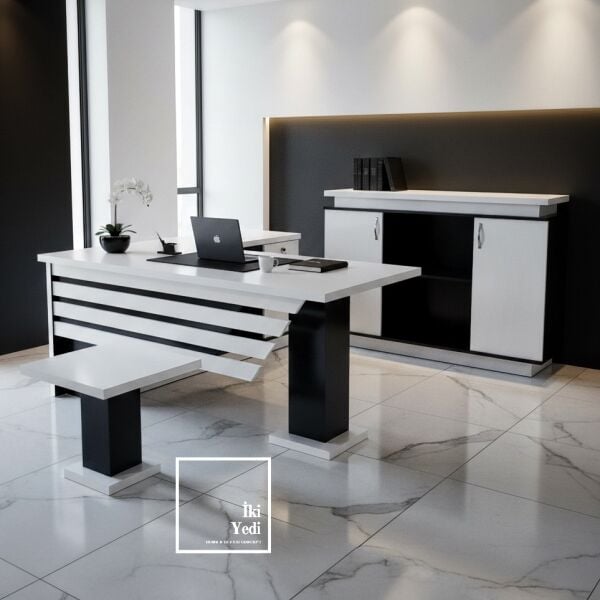 Hausser Siyah Beyaz Ofis Mobilya Takımı Modern Yönetici Masası Büro Masa Seti Spor Mobilya Makam İş