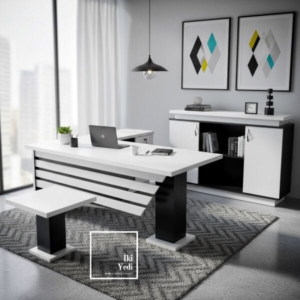 Hausser Siyah Beyaz Ofis Mobilya Takımı Modern Yönetici Masası Büro Masa Seti Spor Mobilya Makam İş