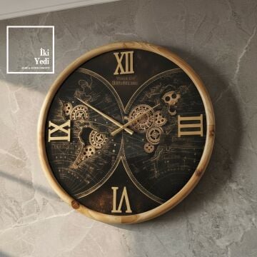 Nassau Masif Ağaç Kaplama Dünya Haritalı Döner Çarklı Ahşap Metal Duvar Saati 61,5 cm Roma Rakamlı