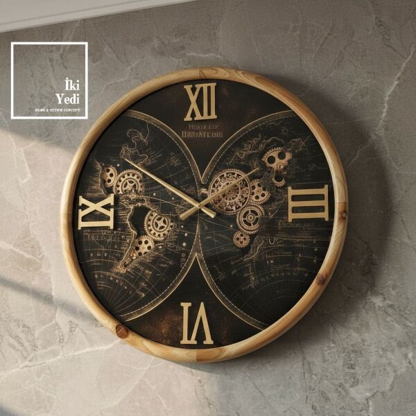 Nassau Masif Ağaç Kaplama Dünya Haritalı Döner Çarklı Ahşap Metal Duvar Saati 61,5 cm Roma Rakamlı