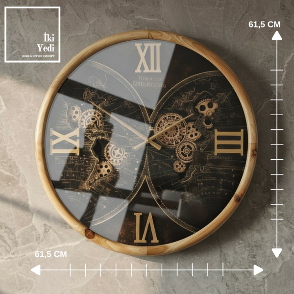 Nassau Masif Ağaç Kaplama Dünya Haritalı Döner Çarklı Ahşap Metal Duvar Saati 61,5 cm Roma Rakamlı