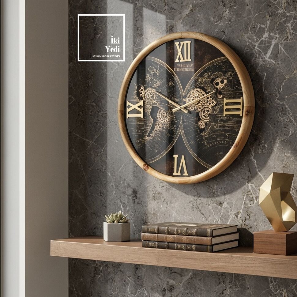 Nassau Masif Ağaç Kaplama Dünya Haritalı Döner Çarklı Ahşap Metal Duvar Saati 61,5 cm Roma Rakamlı