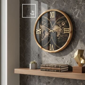 Nassau Masif Ağaç Kaplama Dünya Haritalı Döner Çarklı Ahşap Metal Duvar Saati 61,5 cm Roma Rakamlı