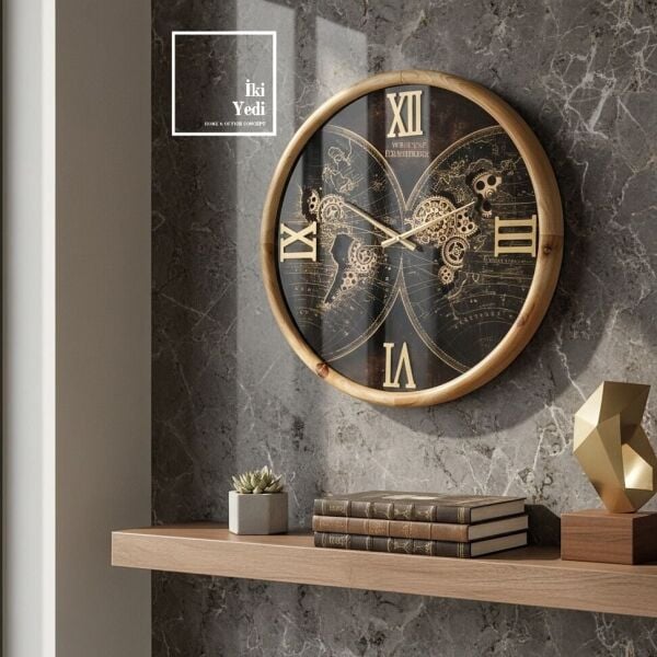 Nassau Masif Ağaç Kaplama Dünya Haritalı Döner Çarklı Ahşap Metal Duvar Saati 61,5 cm Roma Rakamlı