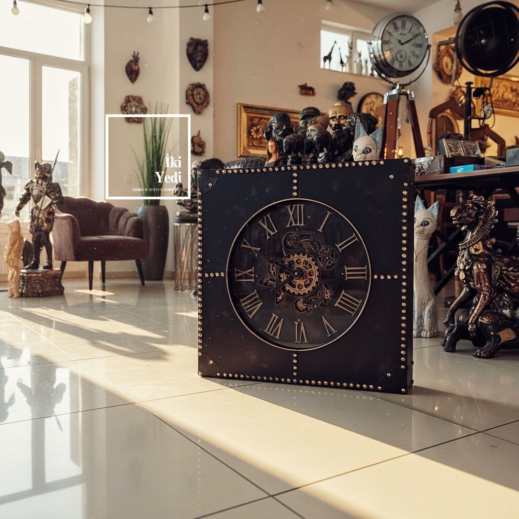 Flannery Döner Çarklı Kare Endüstriyel Duvar & Yer Saati 63 cm Mekanik Ruhlu Dekoratif Saat Hediye