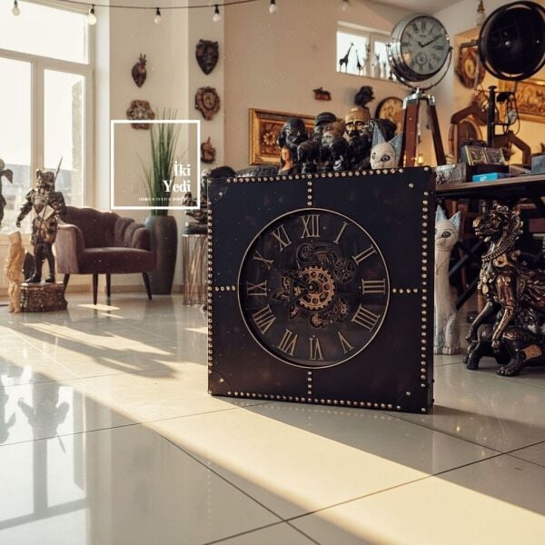 Flannery Döner Çarklı Kare Endüstriyel Duvar & Yer Saati 63 cm Mekanik Ruhlu Dekoratif Saat Hediye