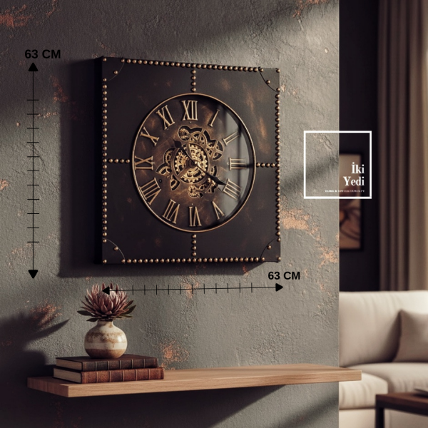 Flannery Döner Çarklı Kare Endüstriyel Duvar & Yer Saati 63 cm Mekanik Ruhlu Dekoratif Saat Hediye