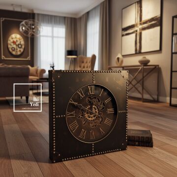 Flannery Döner Çarklı Kare Endüstriyel Duvar & Yer Saati 63 cm Mekanik Ruhlu Dekoratif Saat Hediye