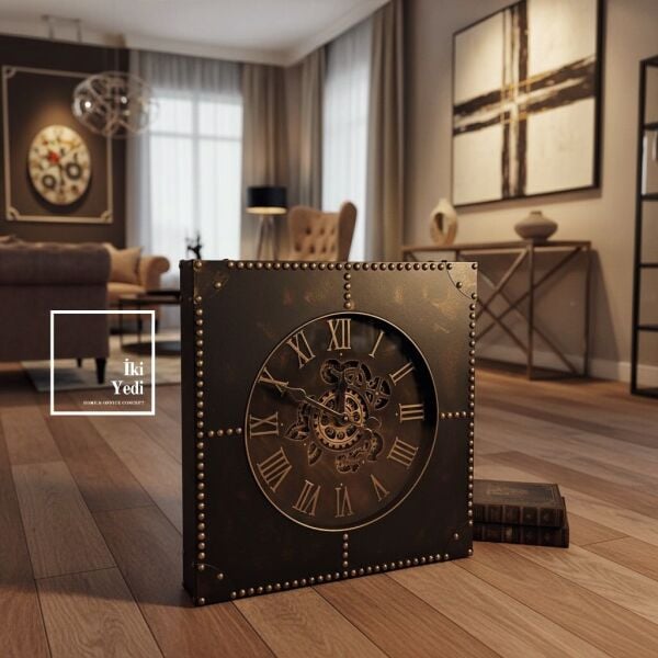 Flannery Döner Çarklı Kare Endüstriyel Duvar & Yer Saati 63 cm Mekanik Ruhlu Dekoratif Saat Hediye