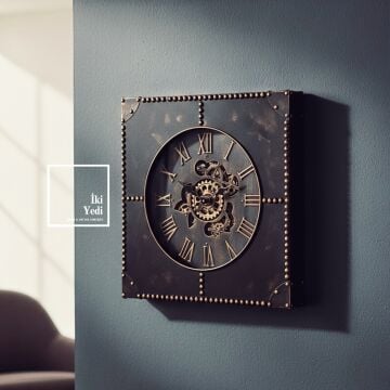 Flannery Döner Çarklı Kare Endüstriyel Duvar & Yer Saati 63 cm Mekanik Ruhlu Dekoratif Saat Hediye