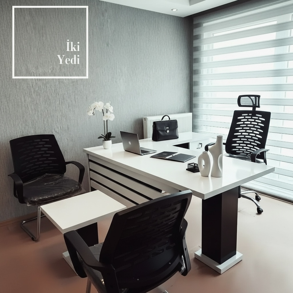 Hausser Siyah Beyaz Ofis Mobilya Takımı Fileli Sandalyeli Modern Yönetici Masa Seti Makam Odası Set