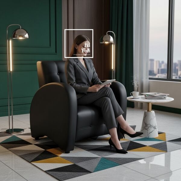 Argent Siyah Berjer Tekli Ofis Koltuğu Modern Misafir Bekleme Koltuğu Şık Dinlenme Alanı Suni Deri