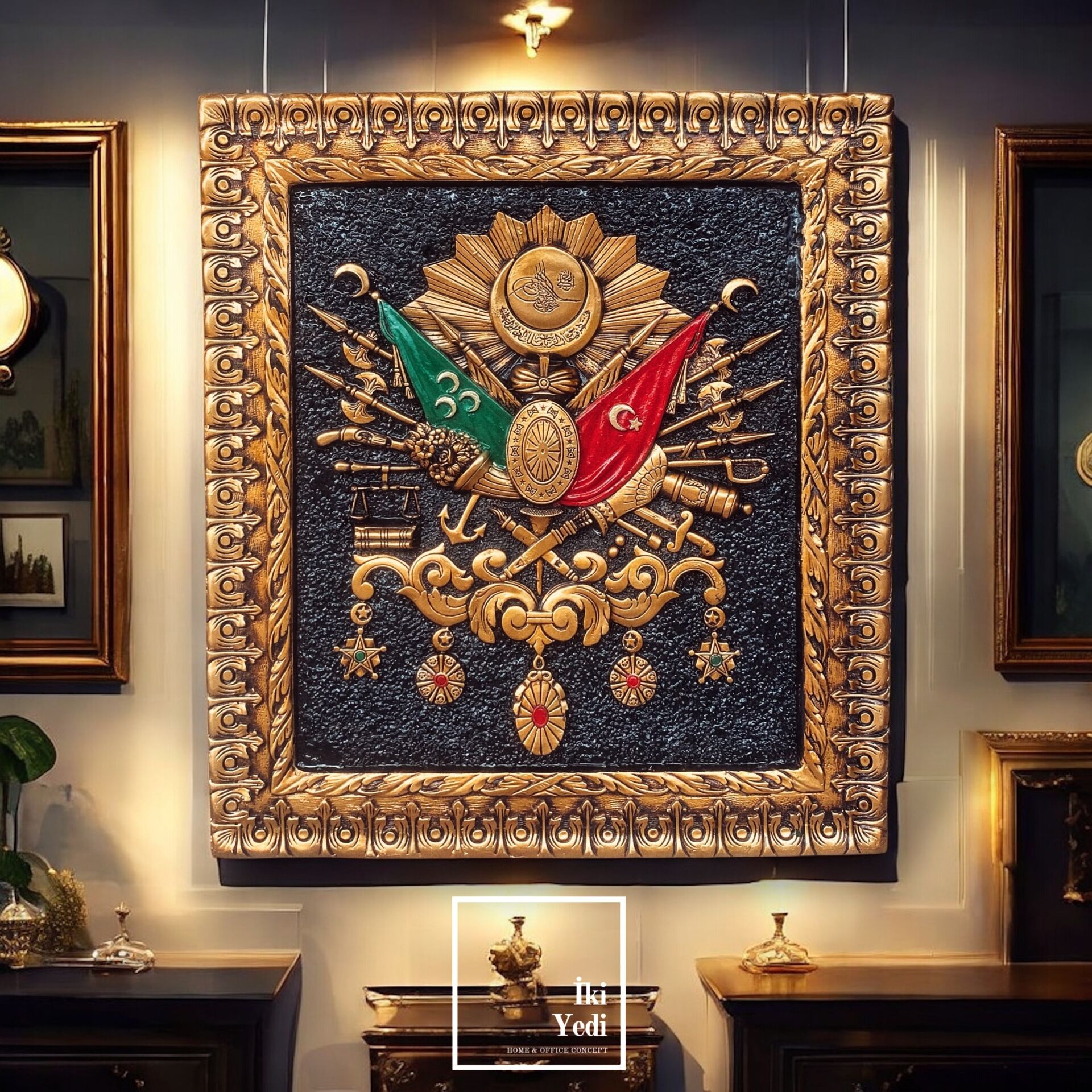 Osmanlı Armalı 3D Rölyef Tablo 90x100 cm – Altın Varak Çerçeveli Dev Boy Kabartma Duvar Dekoru